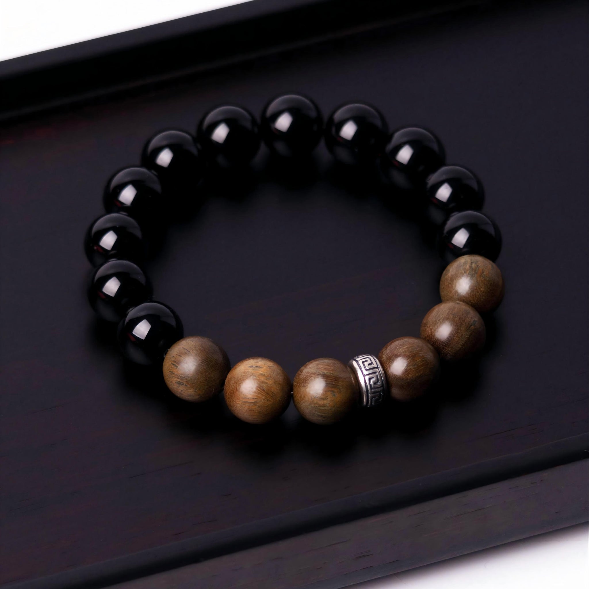 “Dual Guardian” Men's Bracelet — Wood & Obsidian Energy Balance for Grounded Strength
