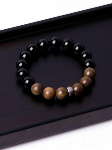 “Dual Guardian” Men's Bracelet — Wood & Obsidian Energy Balance for Grounded Strength
