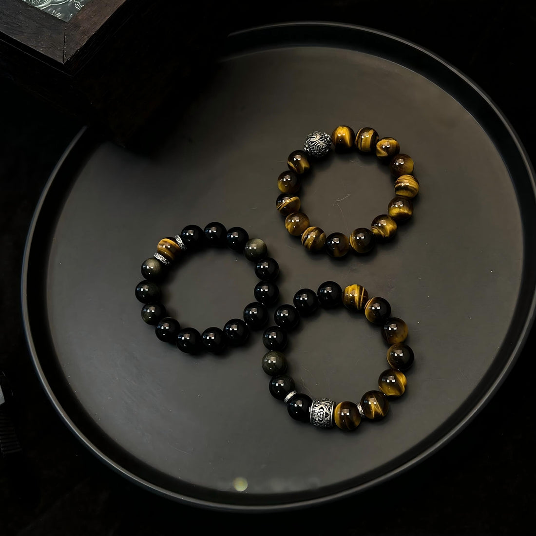 "The Guardian's Balance" — Men's Stone Bracelet with Obsidian, Tiger's Eye & Silver Accent