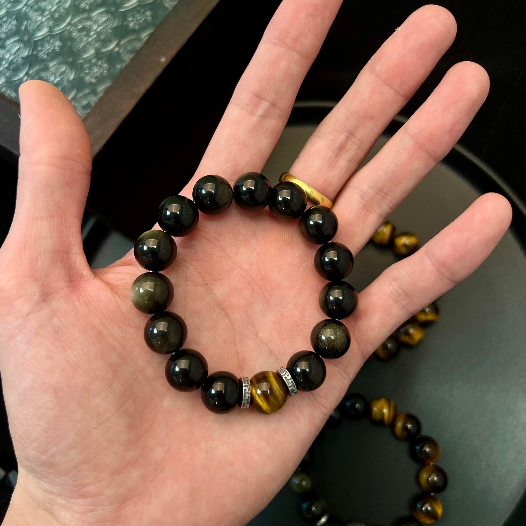 "The Guardian's Balance" — Men's Stone Bracelet with Obsidian, Tiger's Eye & Silver Accent