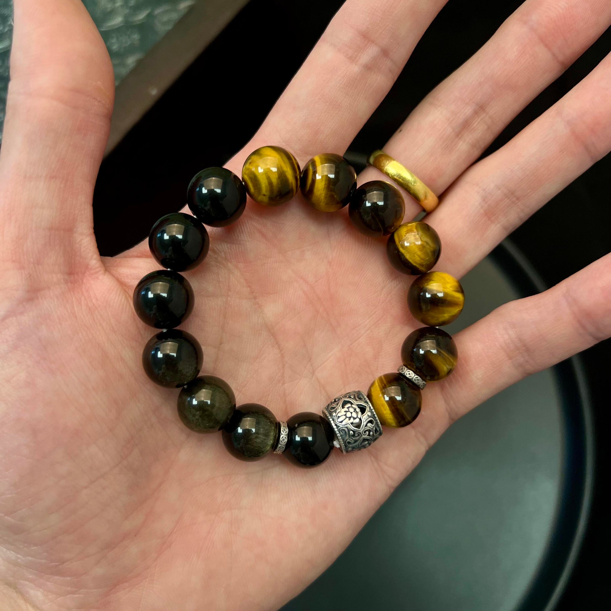 “Shadow & Sheen” — Men's Dual Stone Bracelet with Black Tiger Eye & Gold Sheen Obsidian
