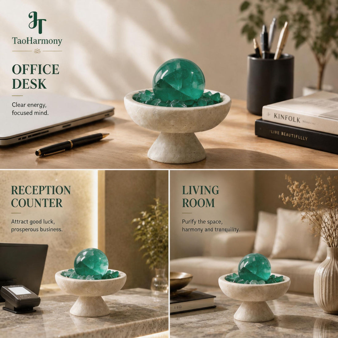 Deep Green Fluorite Feng Shui Sphere Bowl | Five Element: Wood